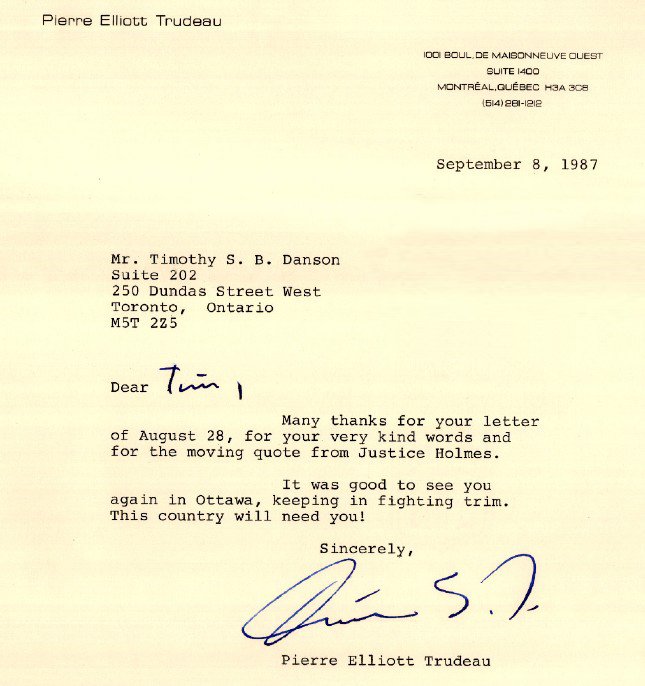 Letter to Timothy S.B. Danson from the Rt. Hon.&nbsp;Pierre Elliott Trudeau, September&nbsp;8,&nbsp;1987